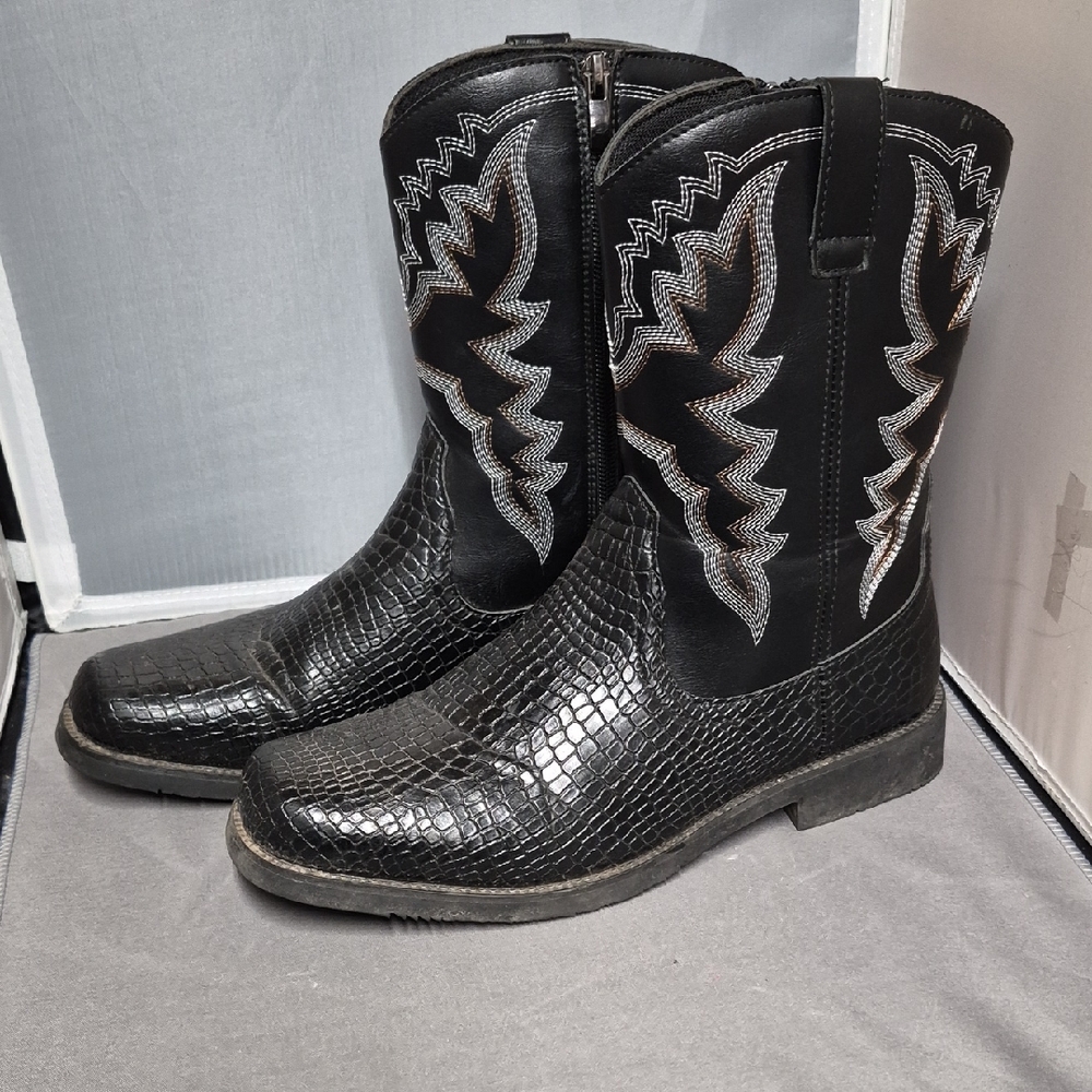 Mens Stylish Zip Up Black Crocodile Pattern Cowboy Boots With Embroidery Size 40